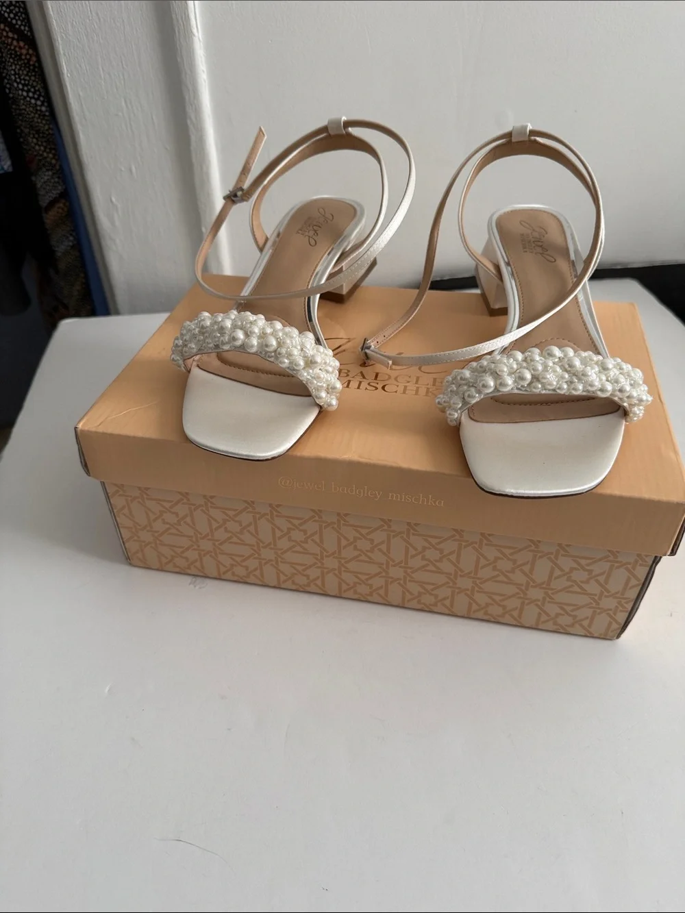 Jewel Badgley Mischka White Pearl Ankle-Strap Sandal